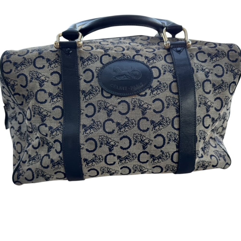 Celine Gray Canvas and Navy Blue Leather Boston Bag